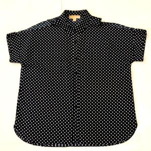 Michael Michael Kors XL Blue Shirt White Polka Dot short sleeve open shoulder